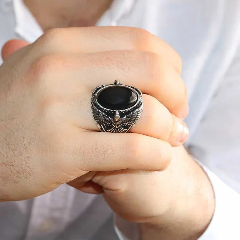 Great Eagle Style Natural Onyx Stone Silver Mens Ring
