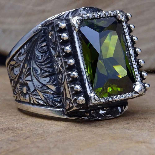Hand Engraved Luxury Silver Peridot Mens Ring
