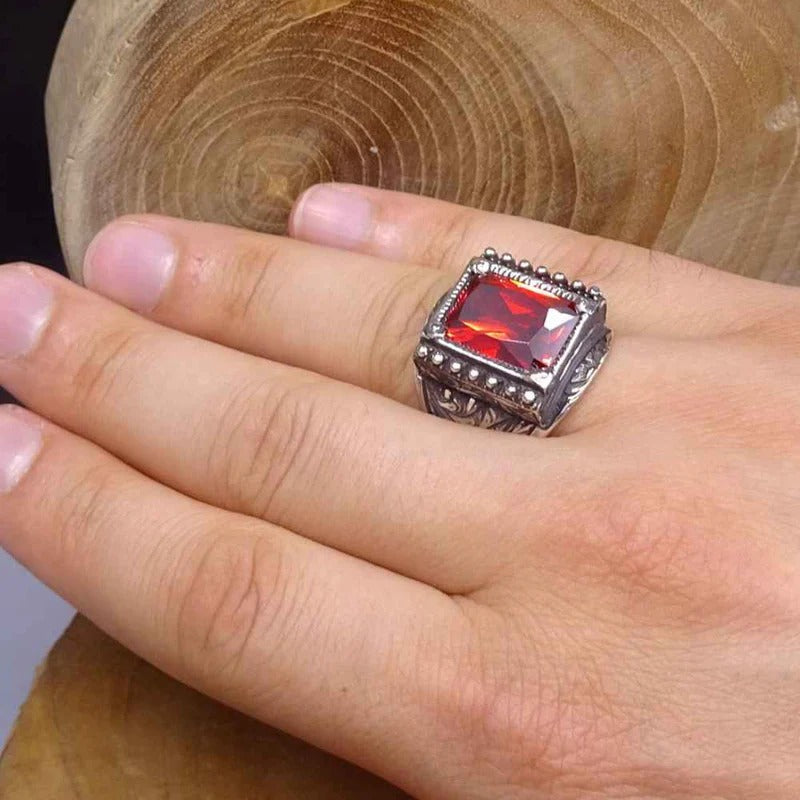 Hand Engraved Luxury Silver Ruby Mens Ring