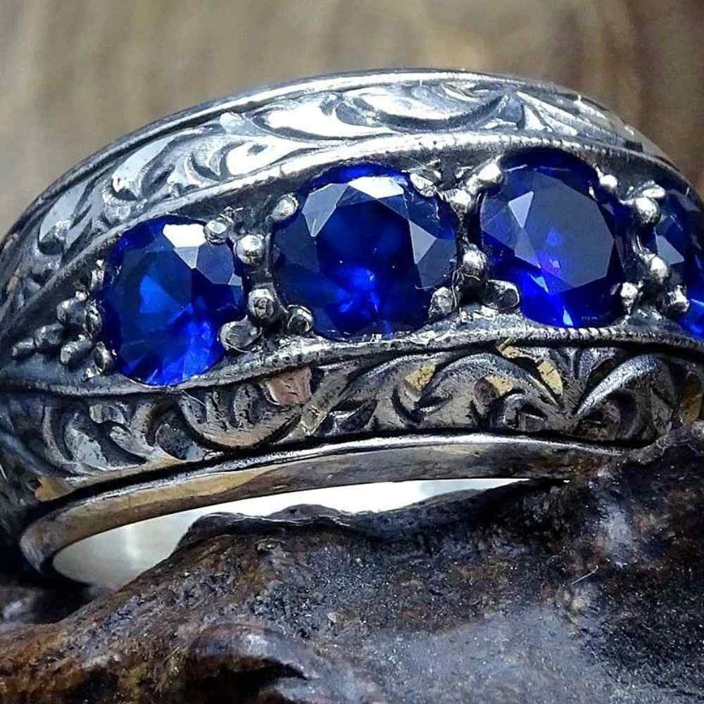 Hand Engraved Luxury Sapphire SilverElegant Mens Ring