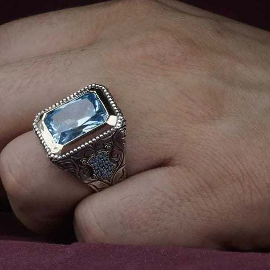 Hand Engraved Natural Aquamarine Silver Mens Ring