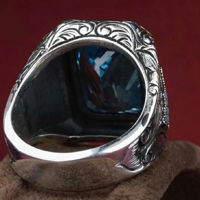 Hand Engraved Natural Aquamarine Silver Mens Ring