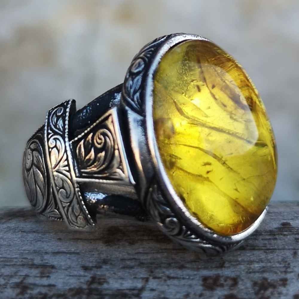 Hand Engraved Natural Drop Amber Silver Luxury Mens Ring