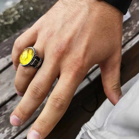 Hand Engraved Natural Drop Amber 925 Sterling Silver Luxury Mens Ring