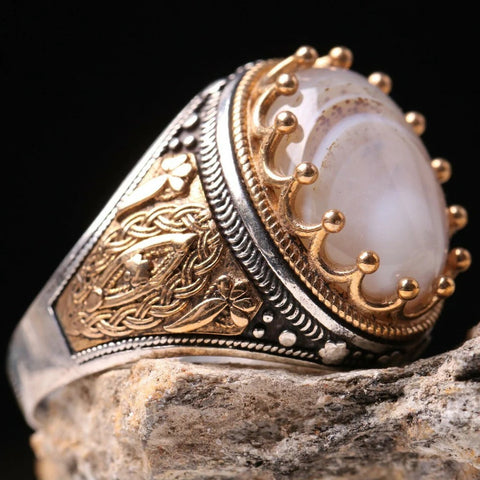 Handmade 925 Sterling Natural Yemeni Agate Aqeeq Mens Ring