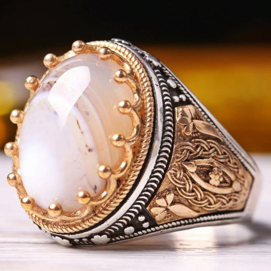 Handmade SilverNatural Yemeni Agate Aqeeq Mens Ring