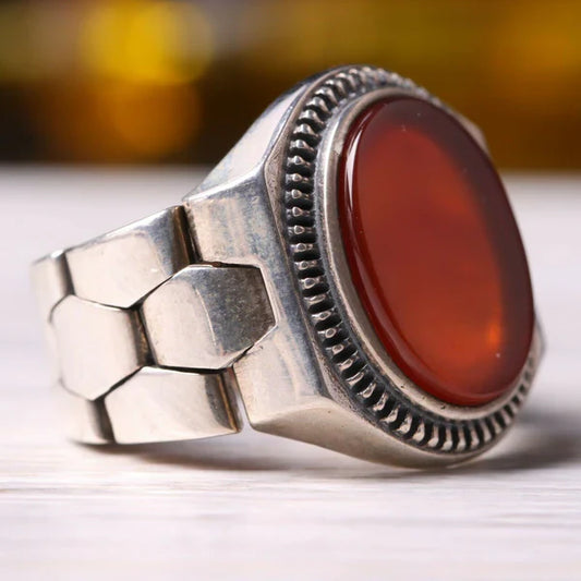 Handmade Silver Clock Style Agate Aqeeq Stone Mens Ring