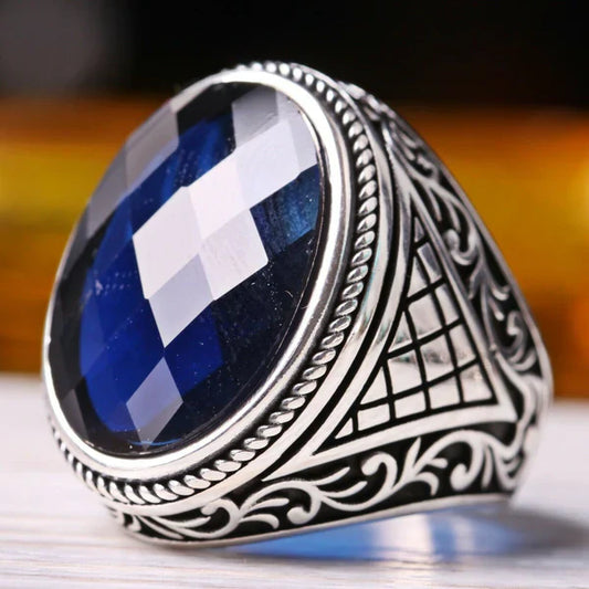 Handmade Silver Facet Sapphire Stone Mens Ring