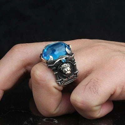 Handmade Silver Lion Aquamarine Stone Mens Ring
