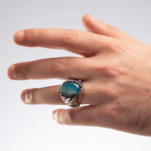 Handmade Silver Natural Blue Tigers Eye Stone Mens Ring
