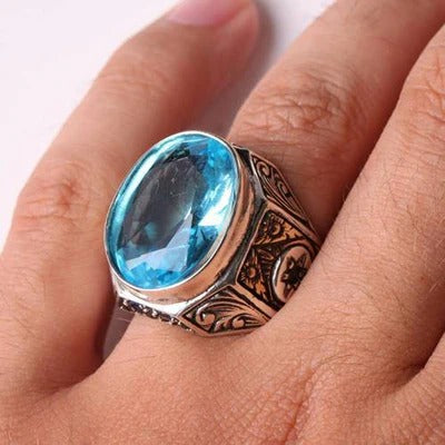 Handmade Silver with Aquamarine Stone Mens Ring