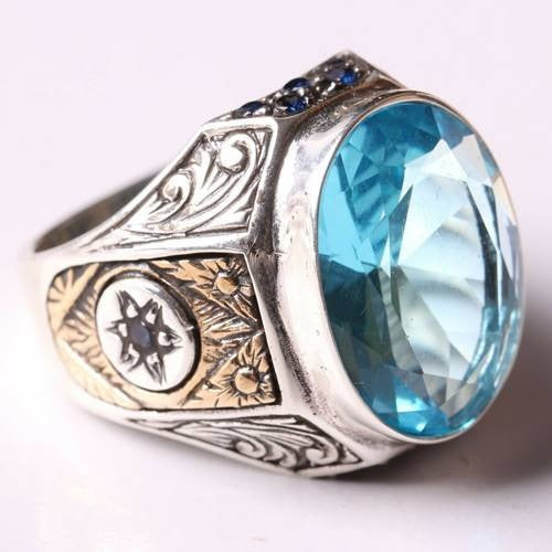 Handmade Silver with Aquamarine Stone Mens Ring