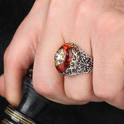 Handmade Amber and Zircon Stone Silver Mens Ring
