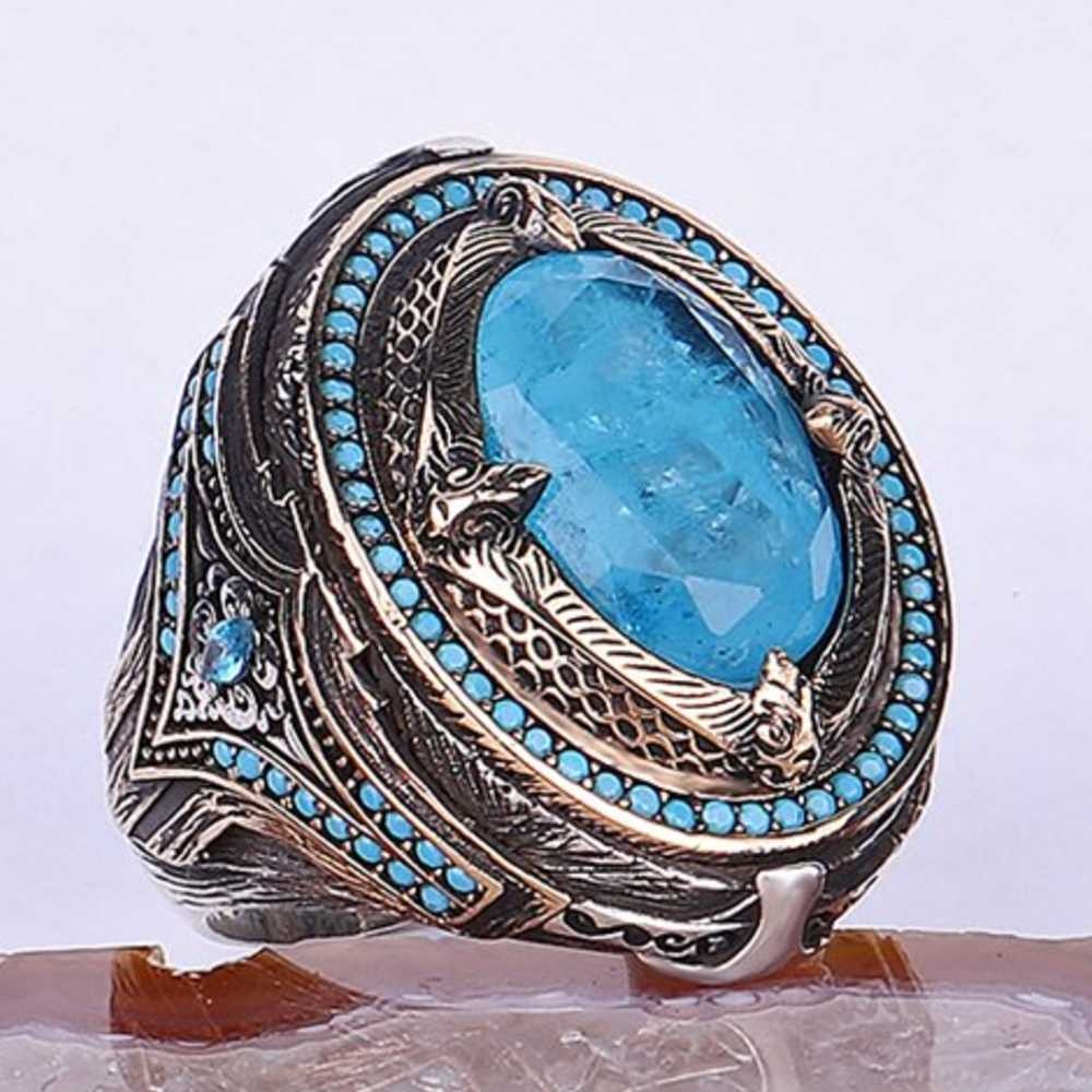 Heavy and Elegant Silver Natural Aquamarine Stone Mens Ri