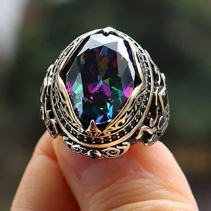 Heavy New Style Mystic Topaz Stone Silver Mens Ring