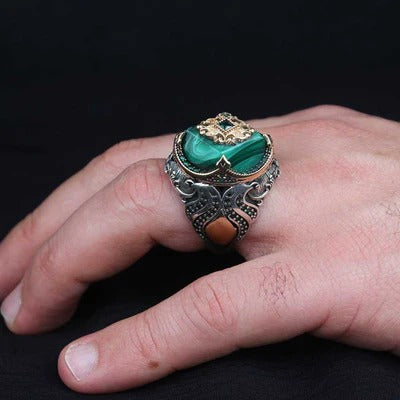 Hexagonal Green Amber Stone Silver Mens Ring