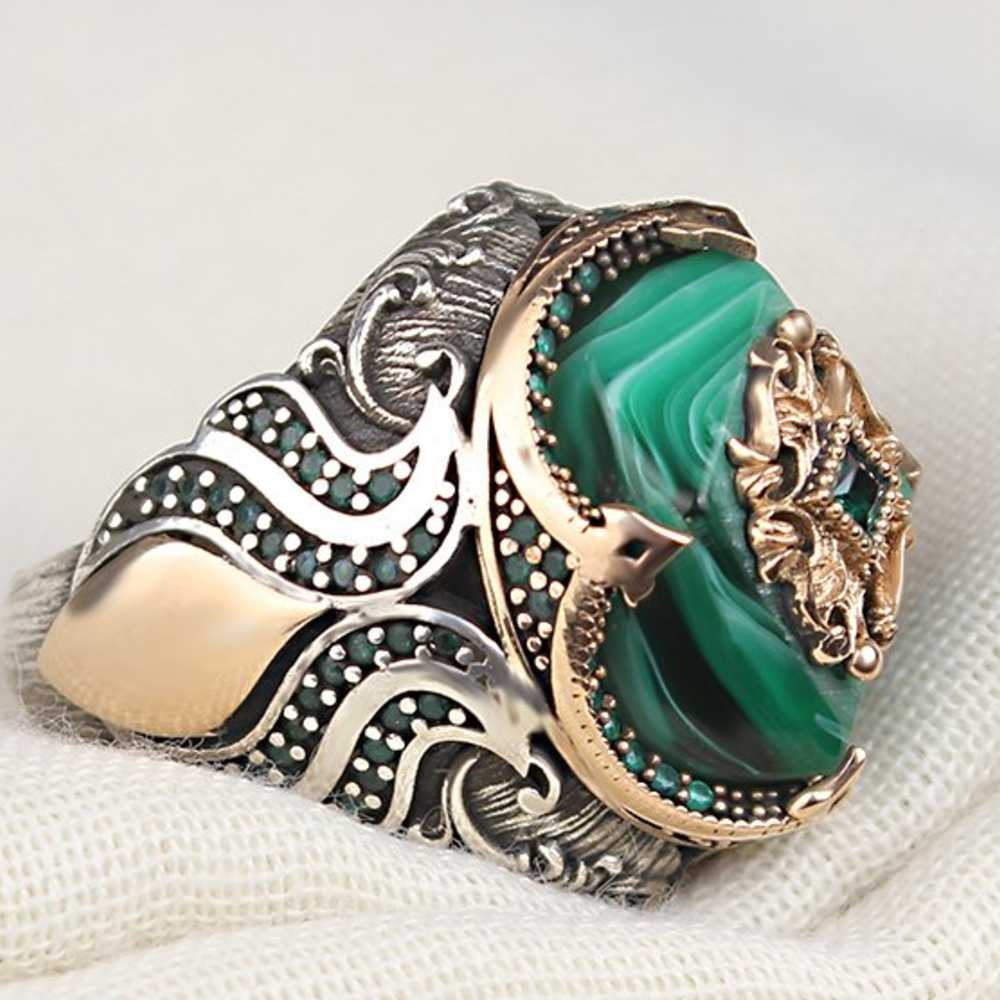 Hexagonal Green Amber Stone Silver Mens Ring