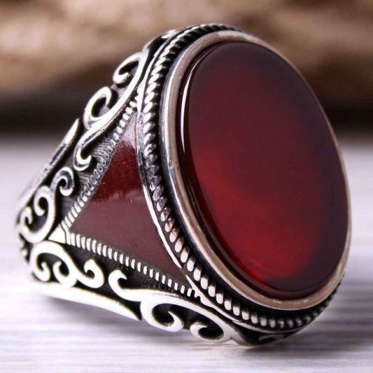 Jewelry Silver Red Agate Aqeeq Mens Ring