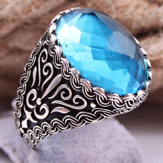 Luxury Cut Aquamarine Silver Mens Ring