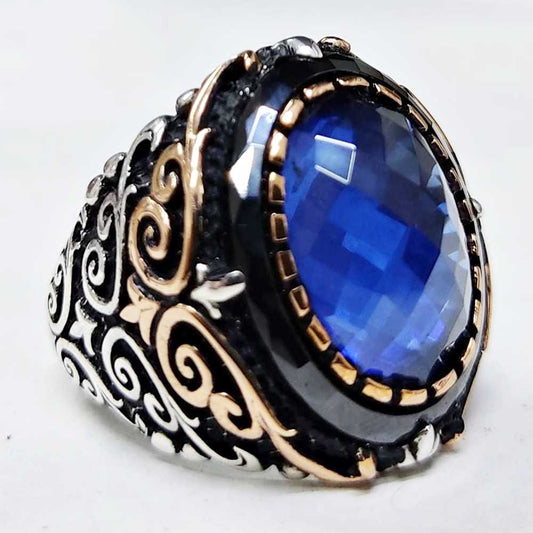 Luxury Plain Silver Mens Ring with Sapphire Stone