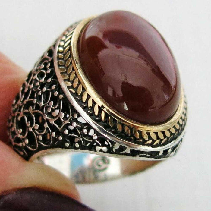 Mens Red Agate Stone Silver Mens Ring