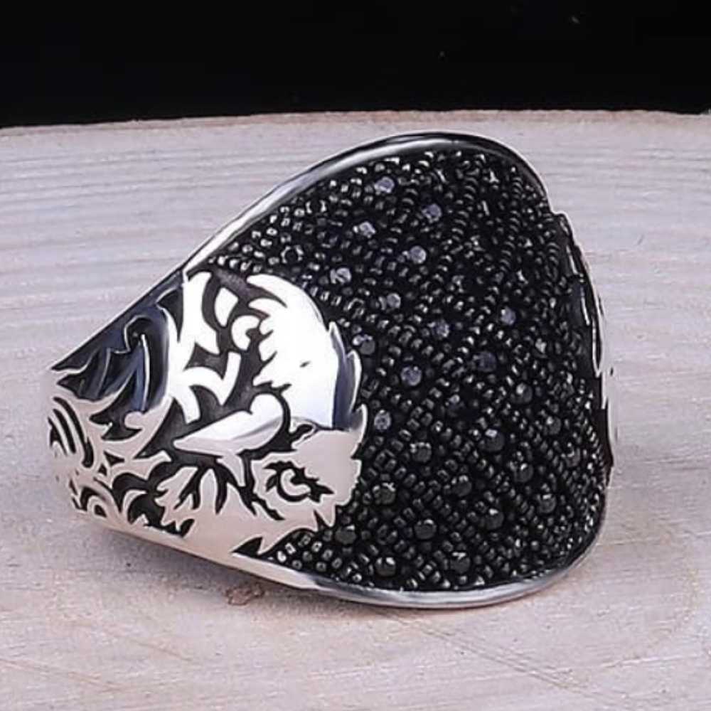 Micro Black Onyx Stone Eagle Style Silver Mens Ring