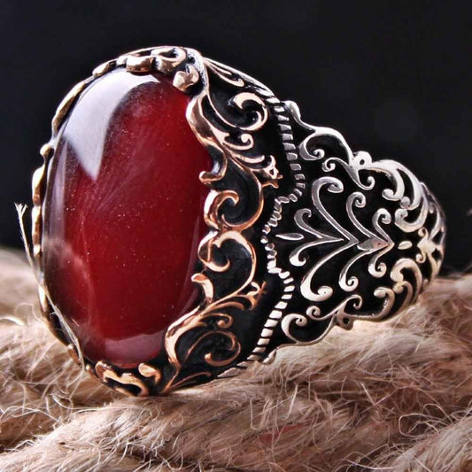 Most Popular Red Agate Style Silver Mens Ring
