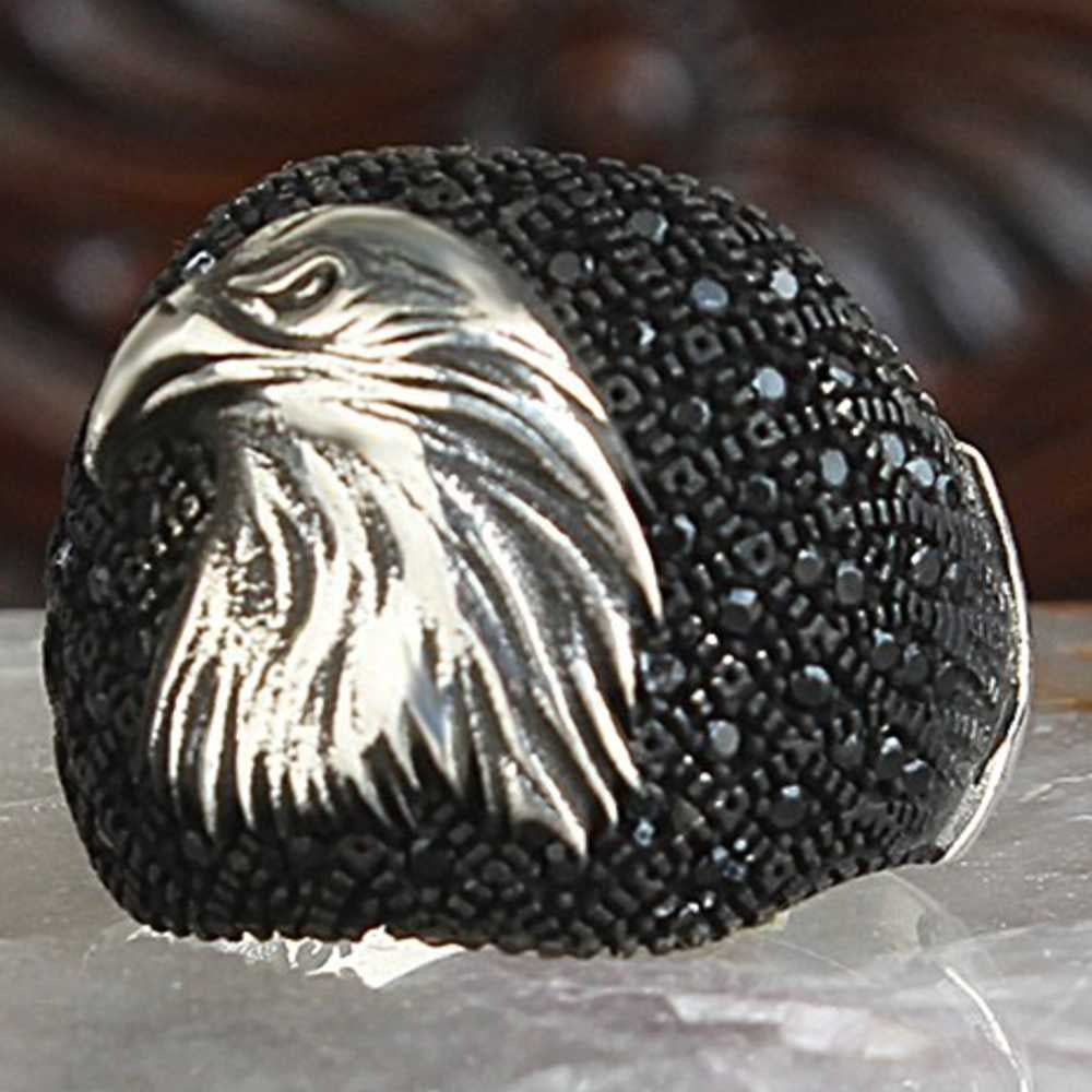 Multi Black Onyx Stone Eagle Style Silver Mens Ring