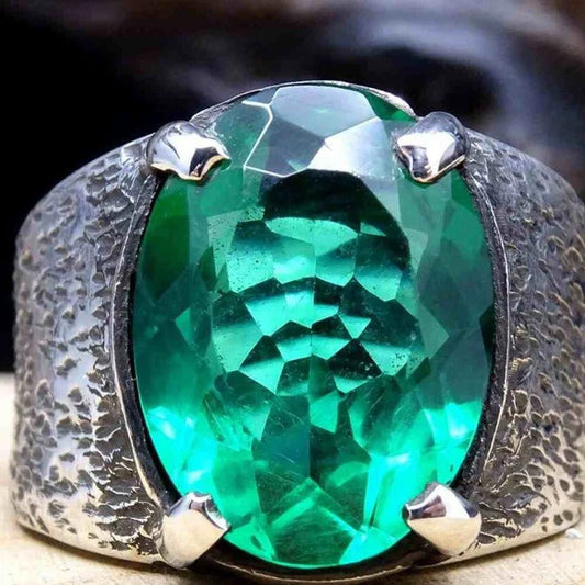 Natural Emerald Excellent Cut Silver Handmade Mens Ring