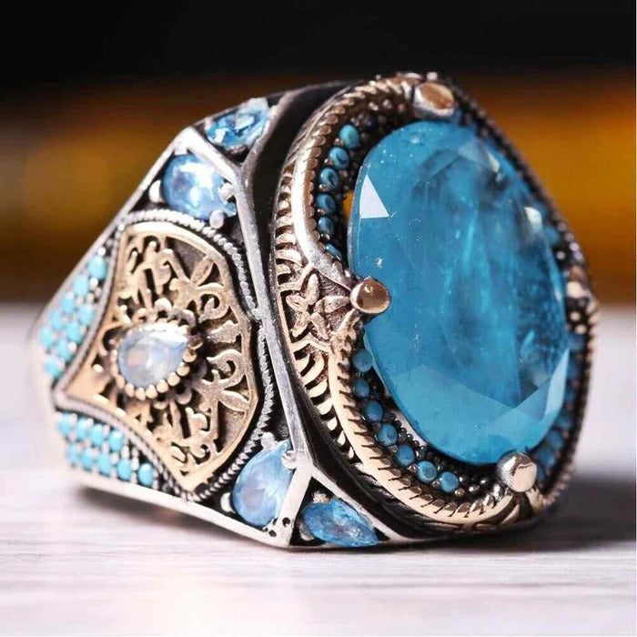 Natural Paraiba Tourmaline Stone Silver Mens Ring