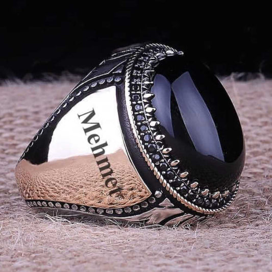 Onyx Stone Customizable Silver Mens Ring