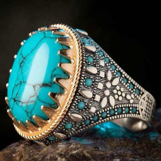 Original Silver Solid Turquoise Stone Showy Mens Ring
