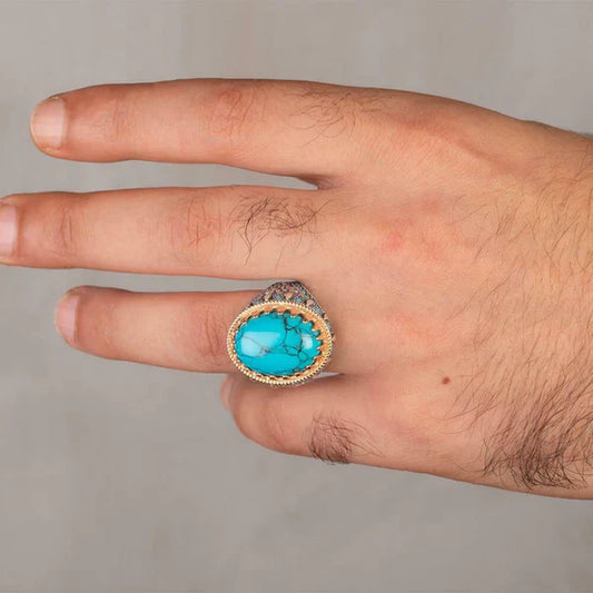 Original Silver Solid Turquoise Stone Showy Mens Ring