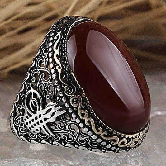 Ottoman Tughra Silver Agate Aqeeq Mens Ring