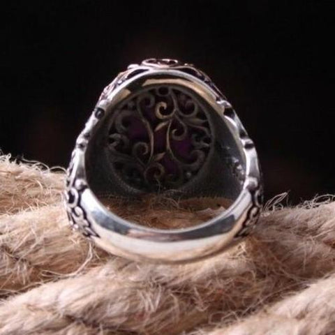 Purple Amethyst Stone Handsome Turkish 925 Sterling Silver Mens Ring