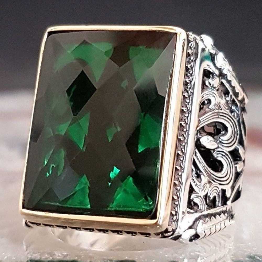 Rectangular Solid Silver Emerald Stone Heavy Mens Ring