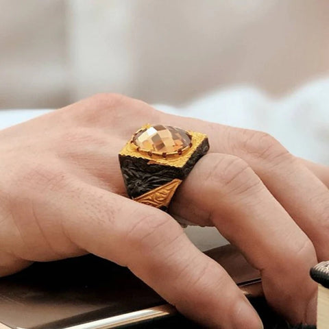 Rhodium 925 Sterling Silver Citrine Stone Mens Ring