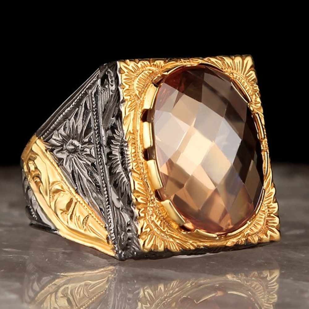 Rhodium Silver Citrine Stone Mens Ring