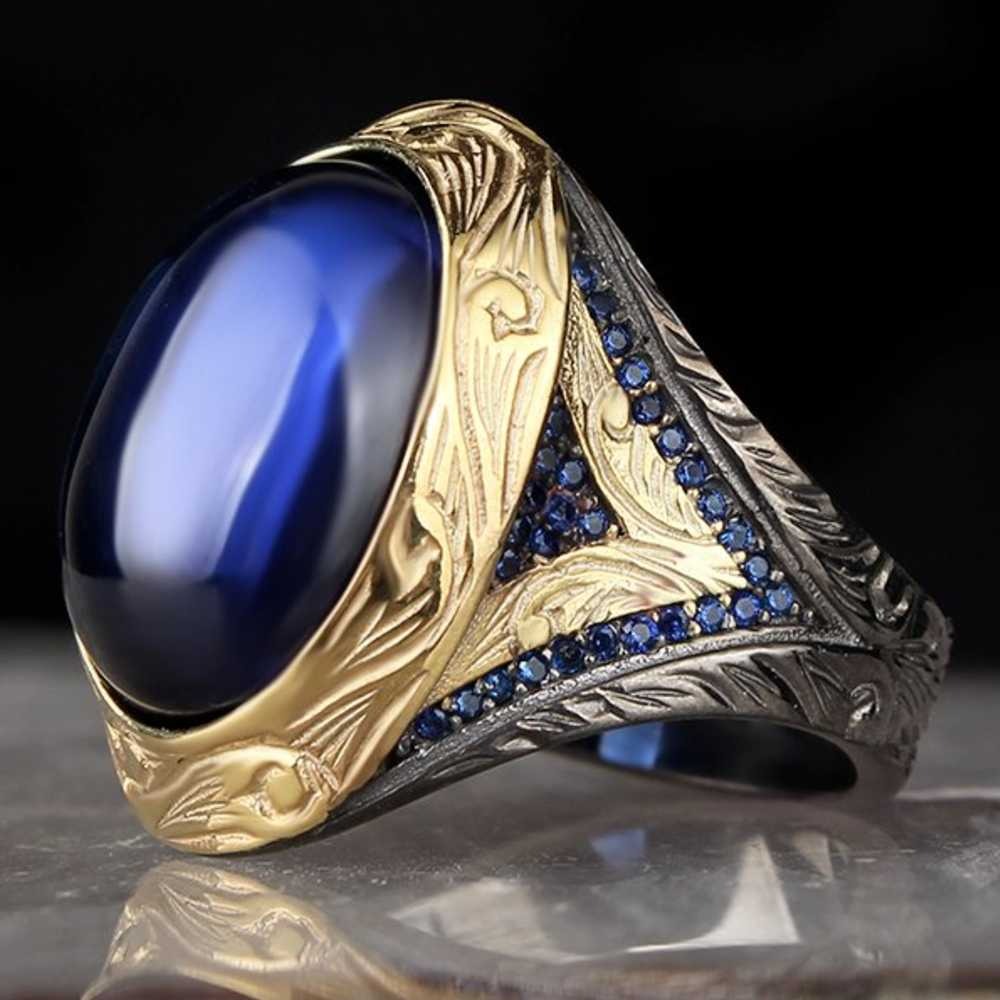 Rhodium Sapphire Stone Luxury Silver Mens Ring