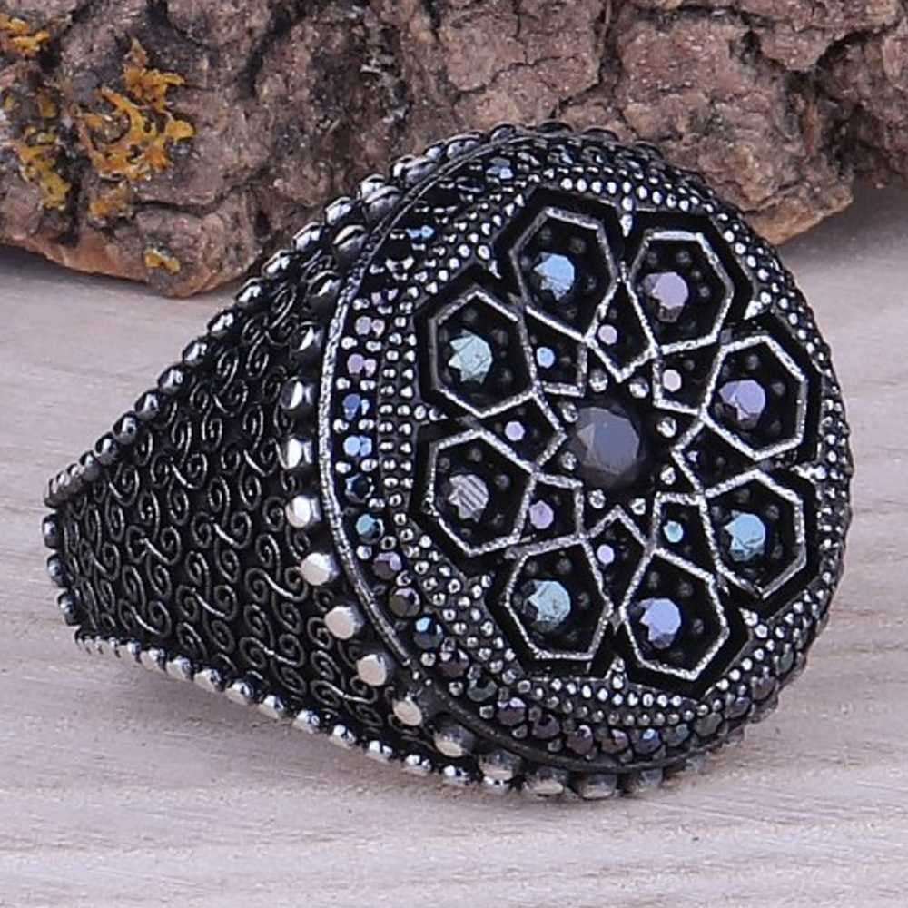 Round Small Multi Onyx Stones Silver Mens Ring