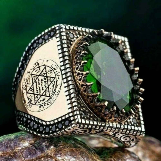 Seal of Solomon Heavy Emerald Silver Islamic Mens Ring