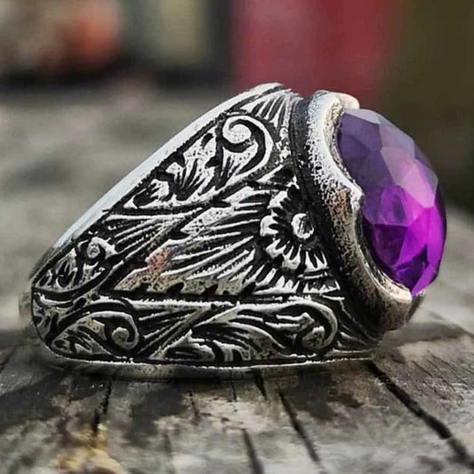 Shiny Amethyst Stone Silver Luxury Mens Ring