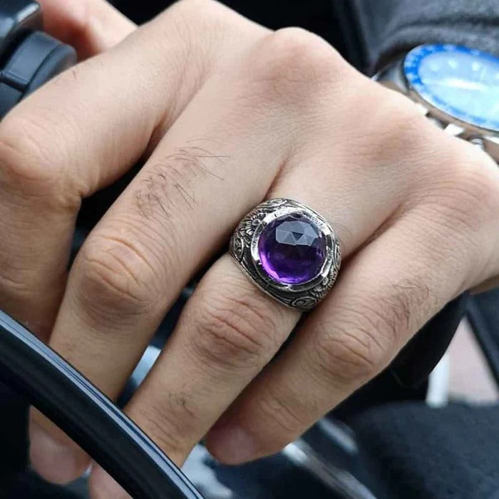 Shiny Amethyst Stone Silver Luxury Mens Ring