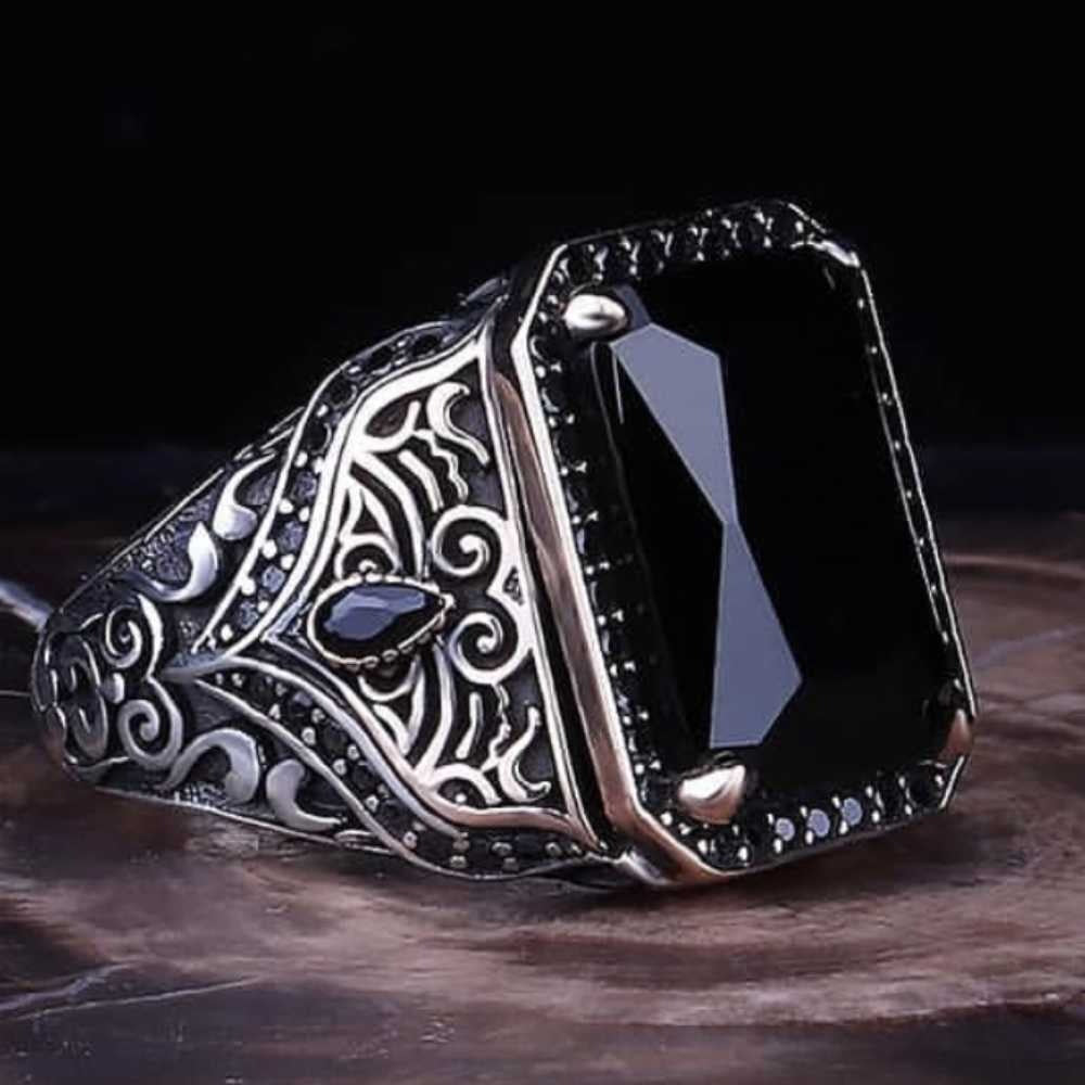 Stylish Black Onyx Stone Silver Handmade Mens Ring