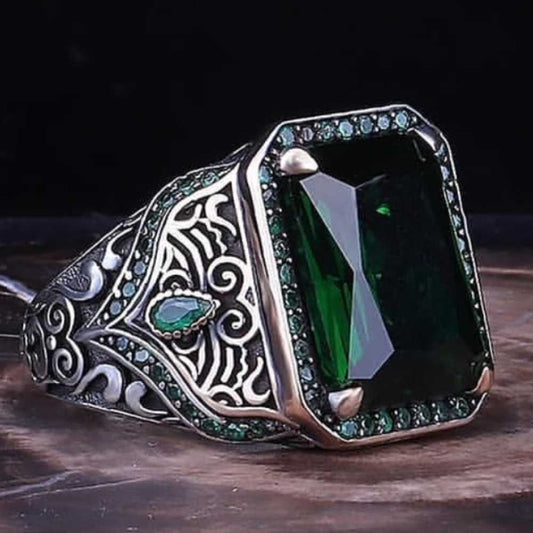 Stylish Green Emerald Stone Silver Mens Ring