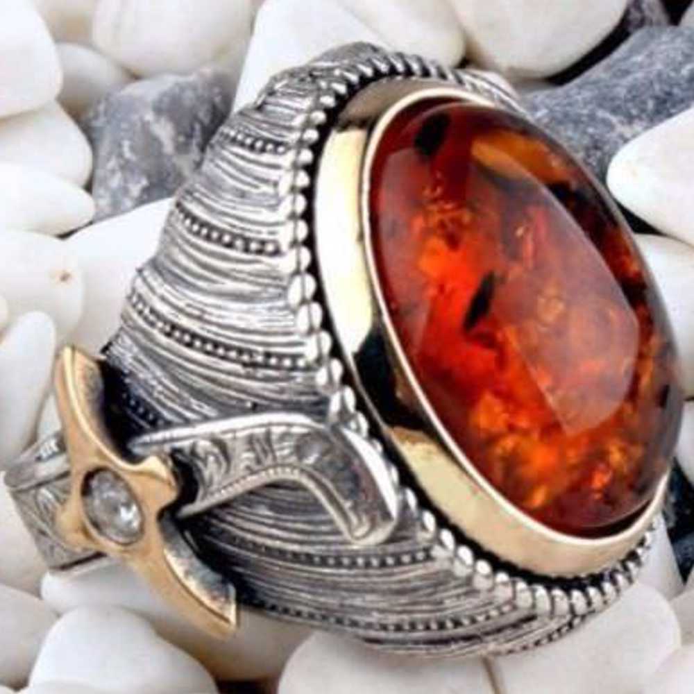 Sword Style Silver Amber Stone Heavy Mens Ring