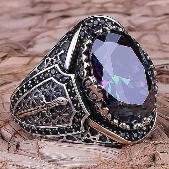 Sword Style Mystic Topaz Handmade Silver Mens Ring