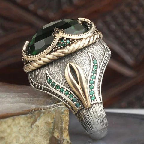 Tulip Design 925 Sterling Silver Emerald Stone Mens Ring