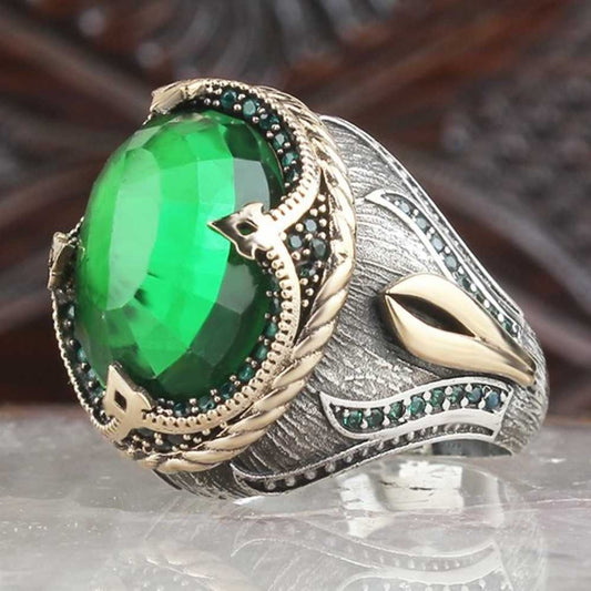 Tulip Design Silver Emerald Stone Mens Ring