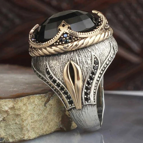 Tulip Design 925 Sterling Silver Onyx Stone Mens Ring